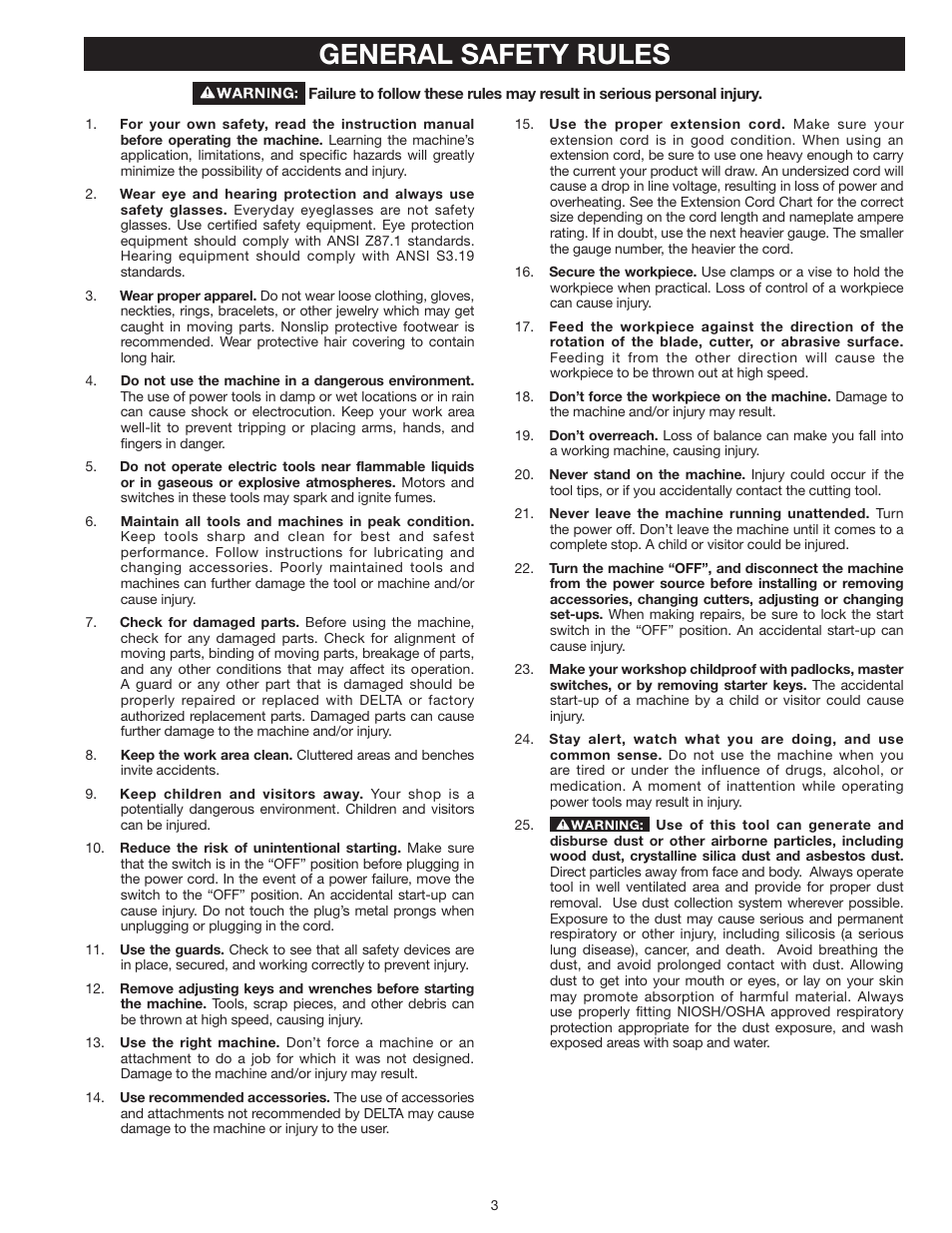 General safety rules | Delta UNISAW 36-L352 User Manual | Page 3 / 108