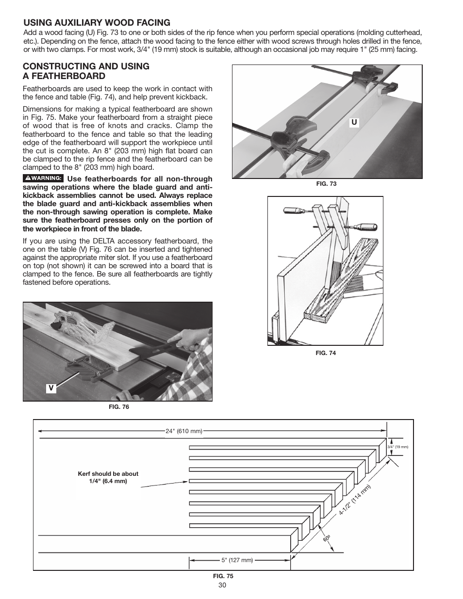 Using auxiliary wood facing, Constructing and using a featherboard | Delta UNISAW 36-L352 User Manual | Page 30 / 108