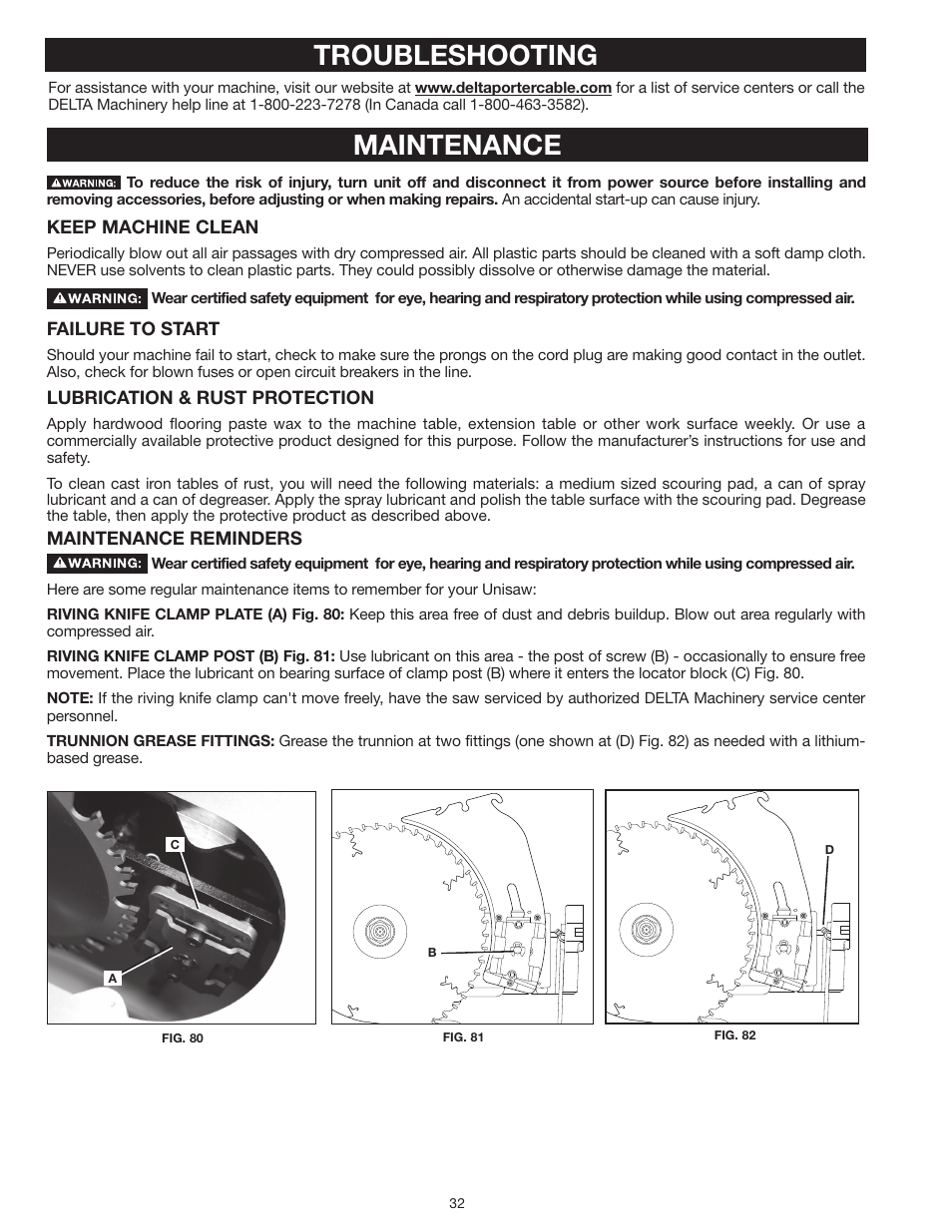 Troubleshooting, Maintenance | Delta UNISAW 36-L352 User Manual | Page 32 / 108