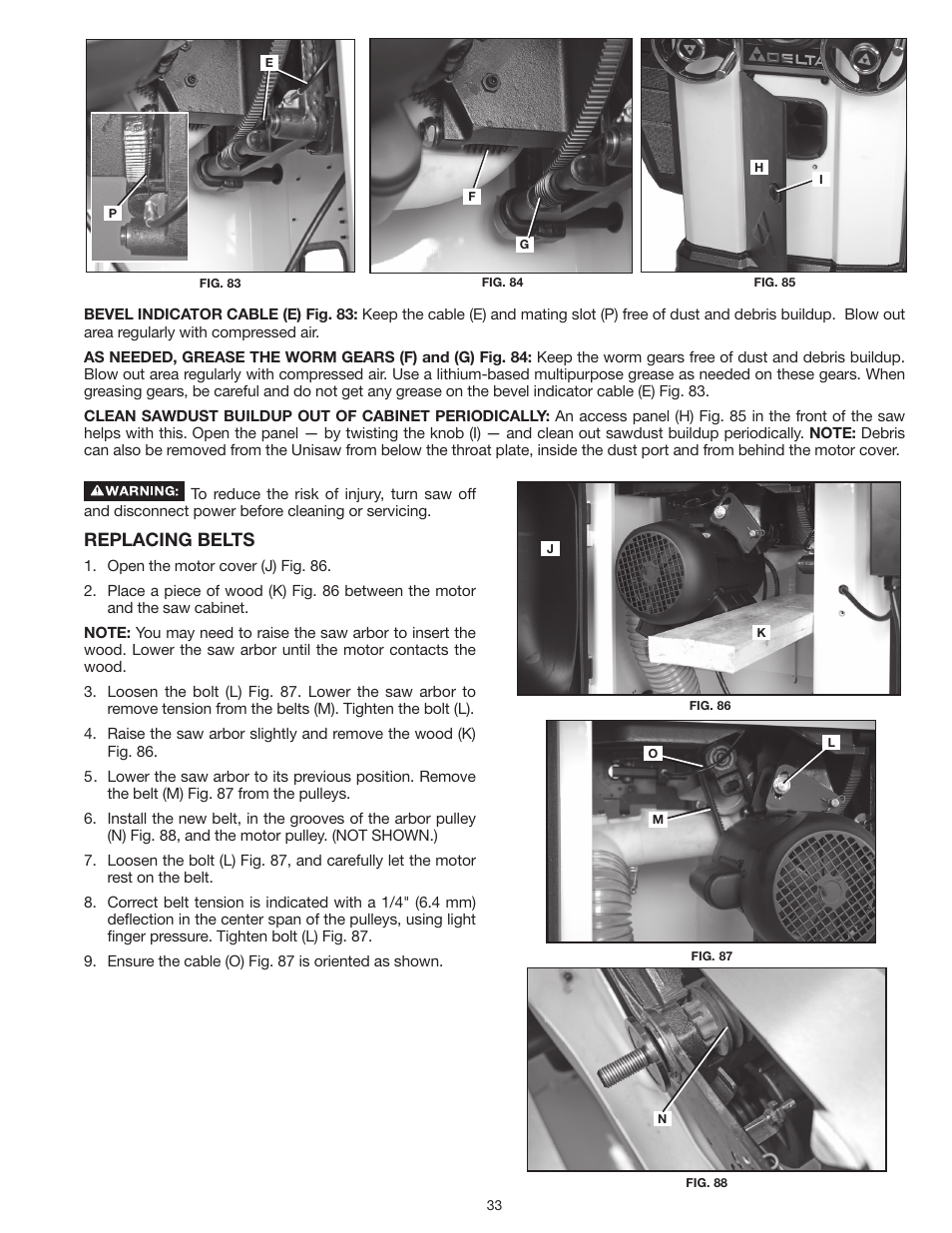 Replacing belts | Delta UNISAW 36-L352 User Manual | Page 33 / 108