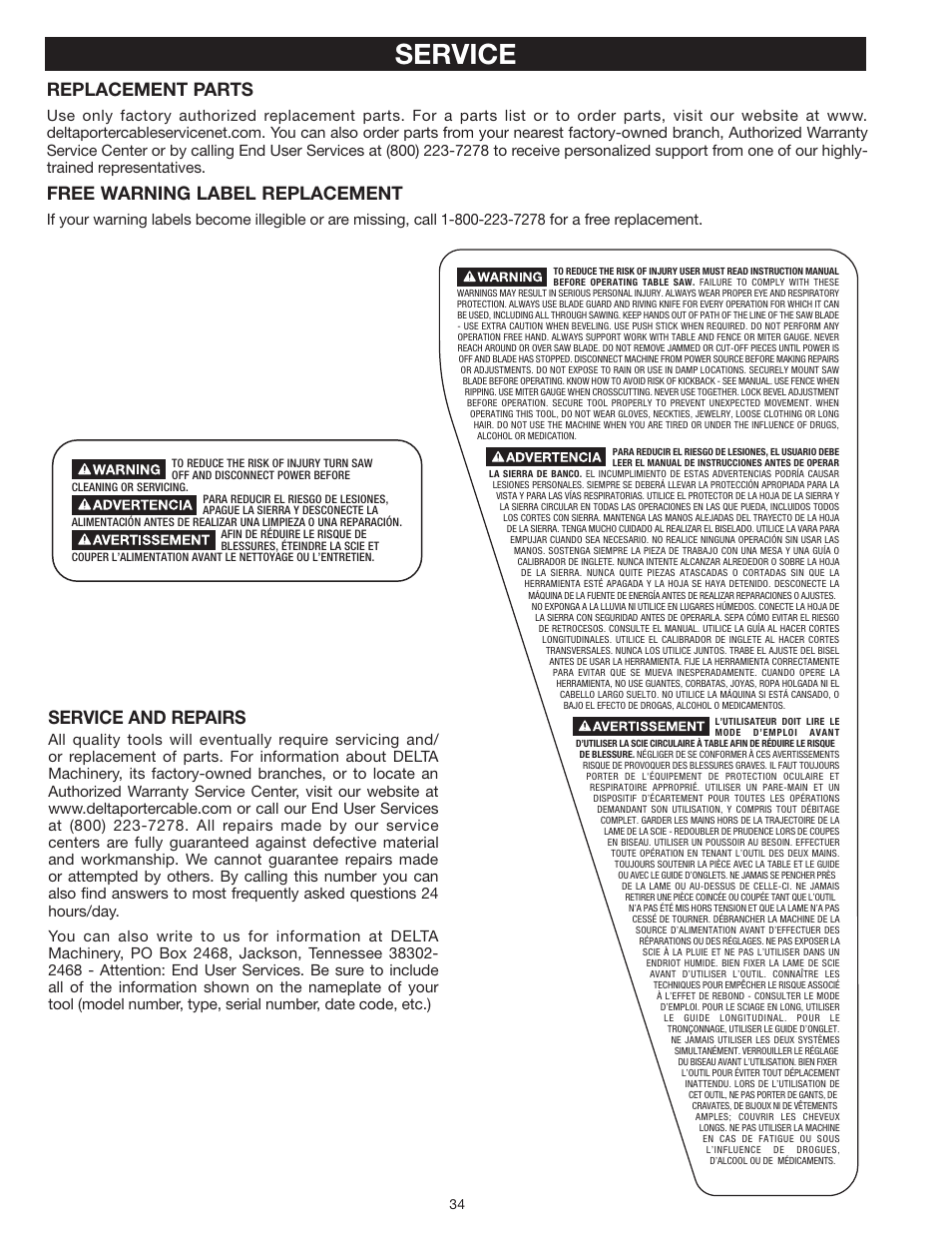 Service, Replacement parts, Free warning label replacement | Service and repairs | Delta UNISAW 36-L352 User Manual | Page 34 / 108