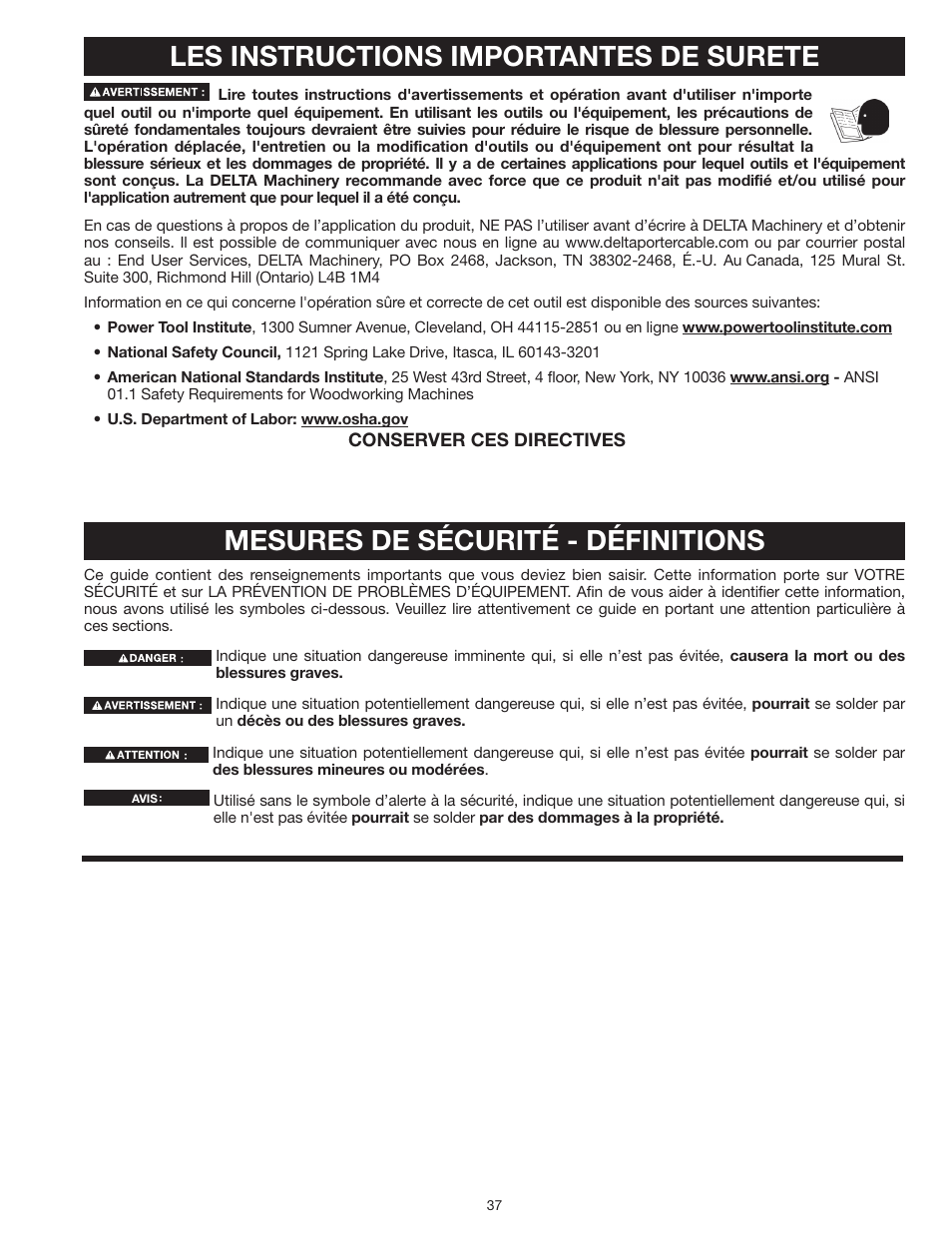 Mesures de sécurité - définitions, Les instructions importantes de surete | Delta UNISAW 36-L352 User Manual | Page 37 / 108