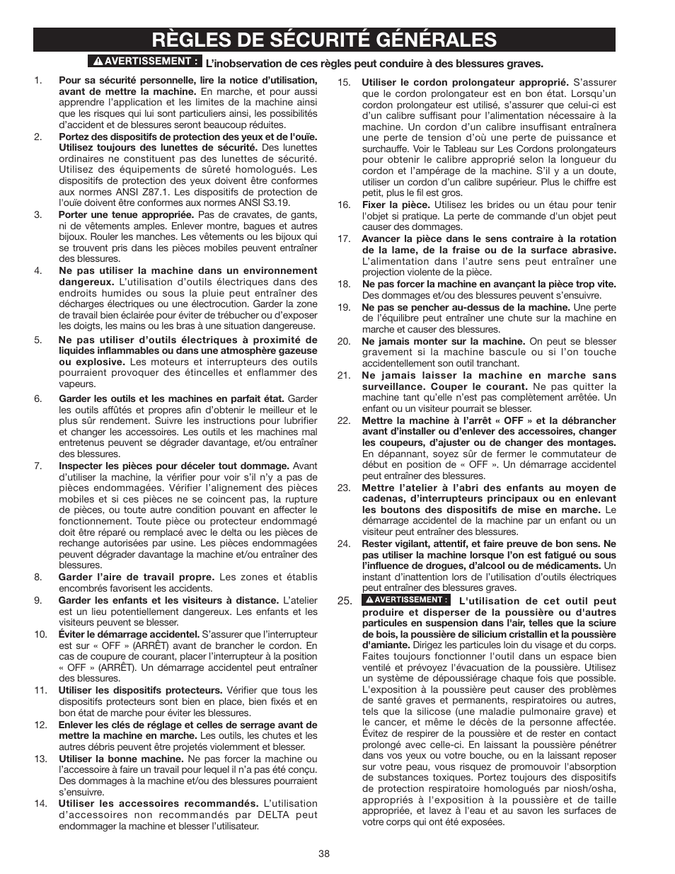 Règles de sécurité générales | Delta UNISAW 36-L352 User Manual | Page 38 / 108