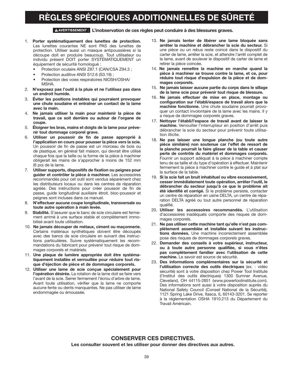 Règles spécifiques additionnelles de sûreté, Conserver ces directives | Delta UNISAW 36-L352 User Manual | Page 39 / 108