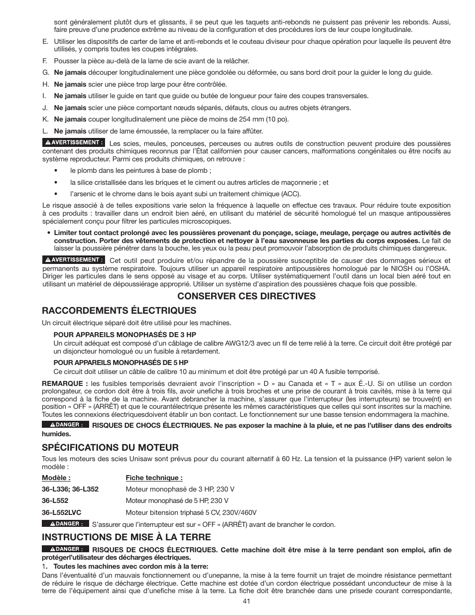 Raccordements électriques, Spécifications du moteur, Instructions de mise à la terre | Conserver ces directives | Delta UNISAW 36-L352 User Manual | Page 41 / 108