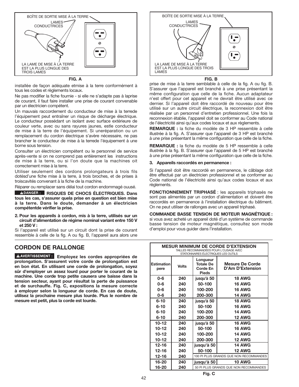 Cordon de rallonge | Delta UNISAW 36-L352 User Manual | Page 42 / 108