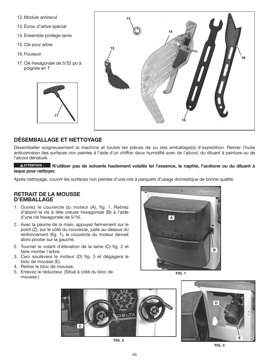 Désemballage et nettoyage, Retrait de la mousse d’emballage | Delta UNISAW 36-L352 User Manual | Page 44 / 108