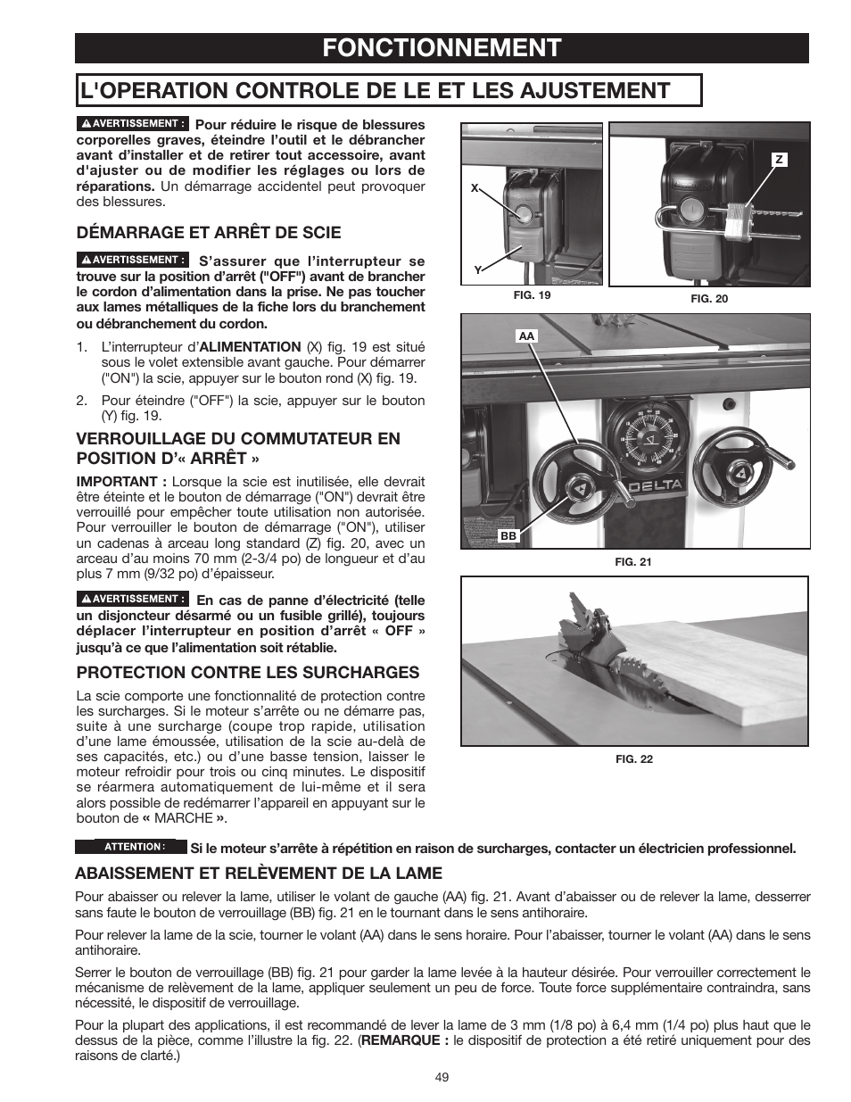 Fonctionnement, L'operation controle de le et les ajustement s | Delta UNISAW 36-L352 User Manual | Page 49 / 108