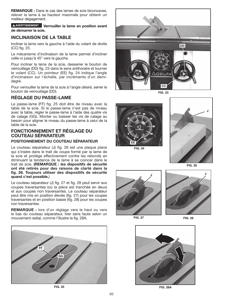 Inclinaison de la table, Réglage du passe-lame, Fonctionnement et réglage du couteau séparateur | Delta UNISAW 36-L352 User Manual | Page 50 / 108