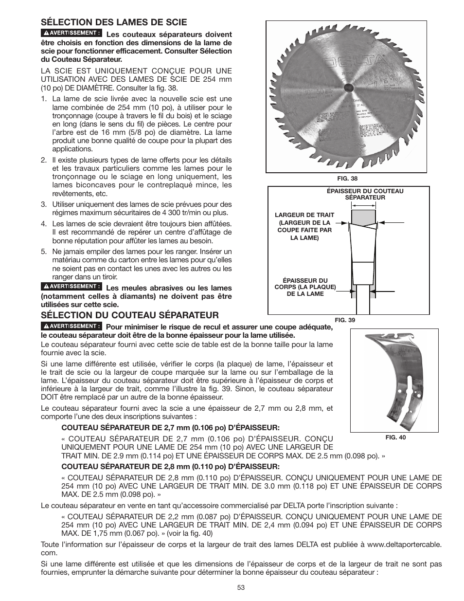 Sélection du couteau séparateur, Sélection des lames de scie | Delta UNISAW 36-L352 User Manual | Page 53 / 108