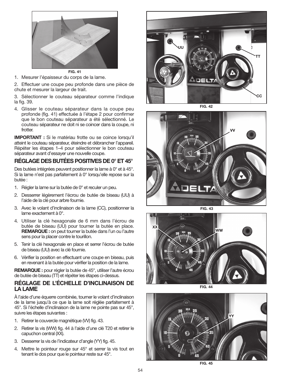 Réglage des butées positives de 0° et 45, Réglage de l’échelle d’inclinaison de la lame | Delta UNISAW 36-L352 User Manual | Page 54 / 108