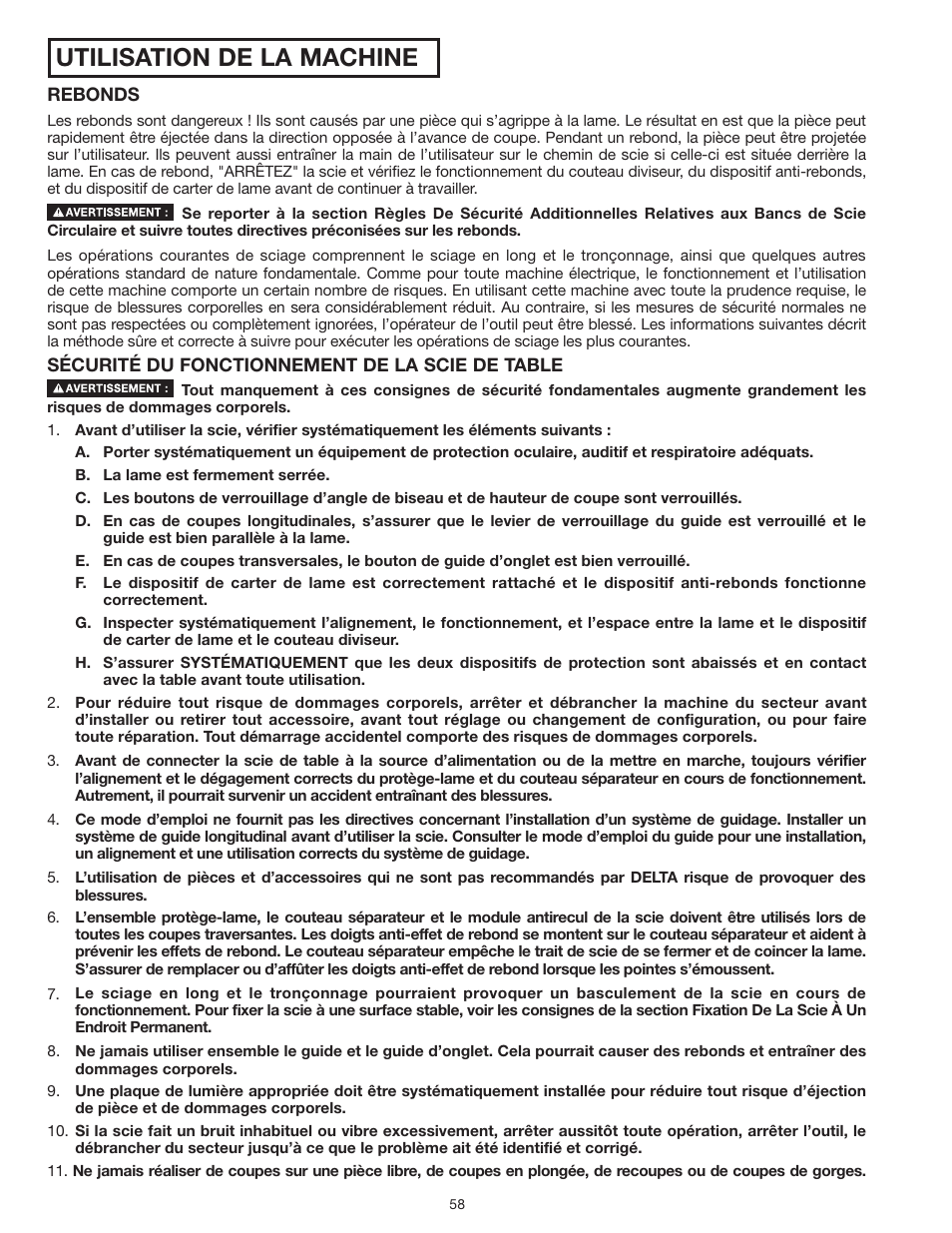 Utilisation de la machine | Delta UNISAW 36-L352 User Manual | Page 58 / 108