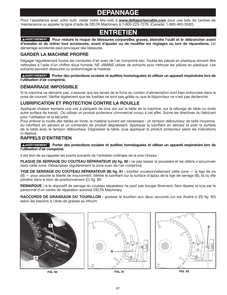 Depannage, Entretien | Delta UNISAW 36-L352 User Manual | Page 67 / 108