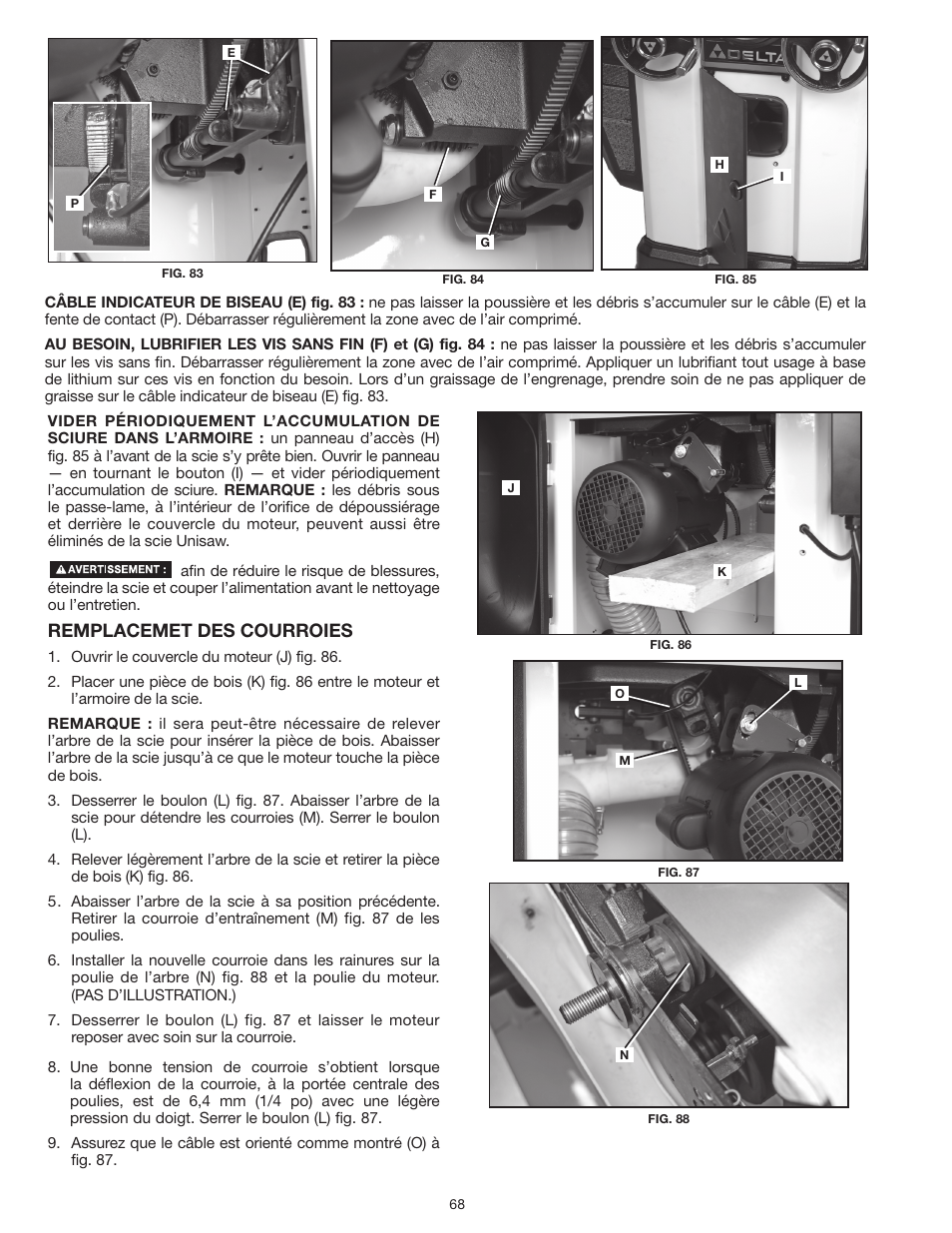Remplacemet des courroies | Delta UNISAW 36-L352 User Manual | Page 68 / 108