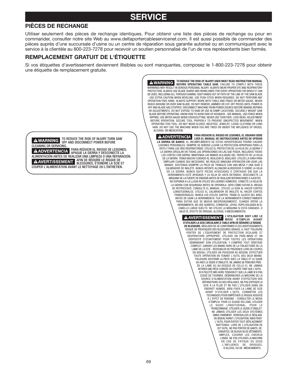 Service, Pièces de rechange, Remplacement gratuit de l'étiquette | Delta UNISAW 36-L352 User Manual | Page 69 / 108