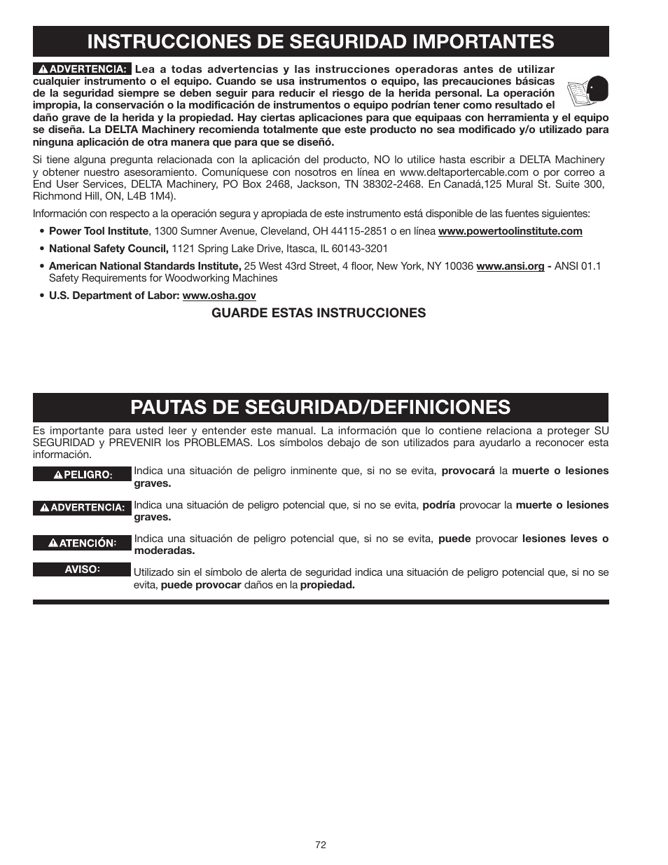 Instrucciones de seguridad importantes, Pautas de seguridad/definiciones | Delta UNISAW 36-L352 User Manual | Page 72 / 108