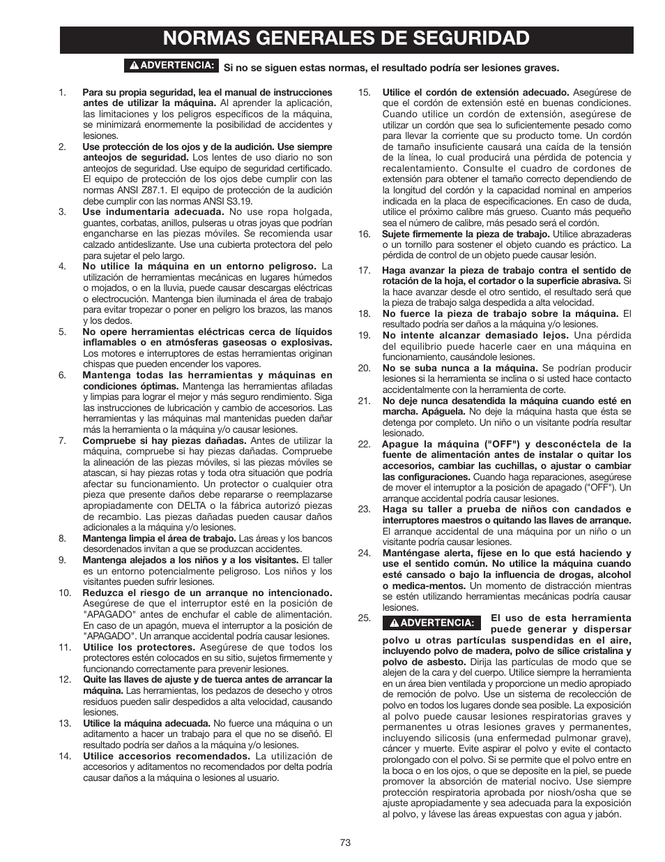 Normas generales de seguridad | Delta UNISAW 36-L352 User Manual | Page 73 / 108