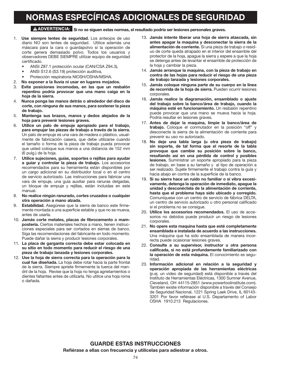 Normas específicas adicionales de seguridad, Guarde estas instrucciones | Delta UNISAW 36-L352 User Manual | Page 74 / 108