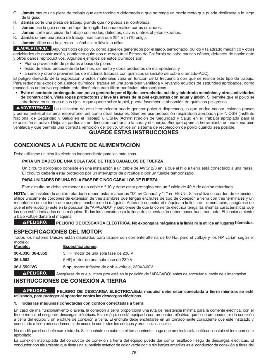 Especificaciones del motor, Instrucciones de conexión a tierra | Delta UNISAW 36-L352 User Manual | Page 76 / 108