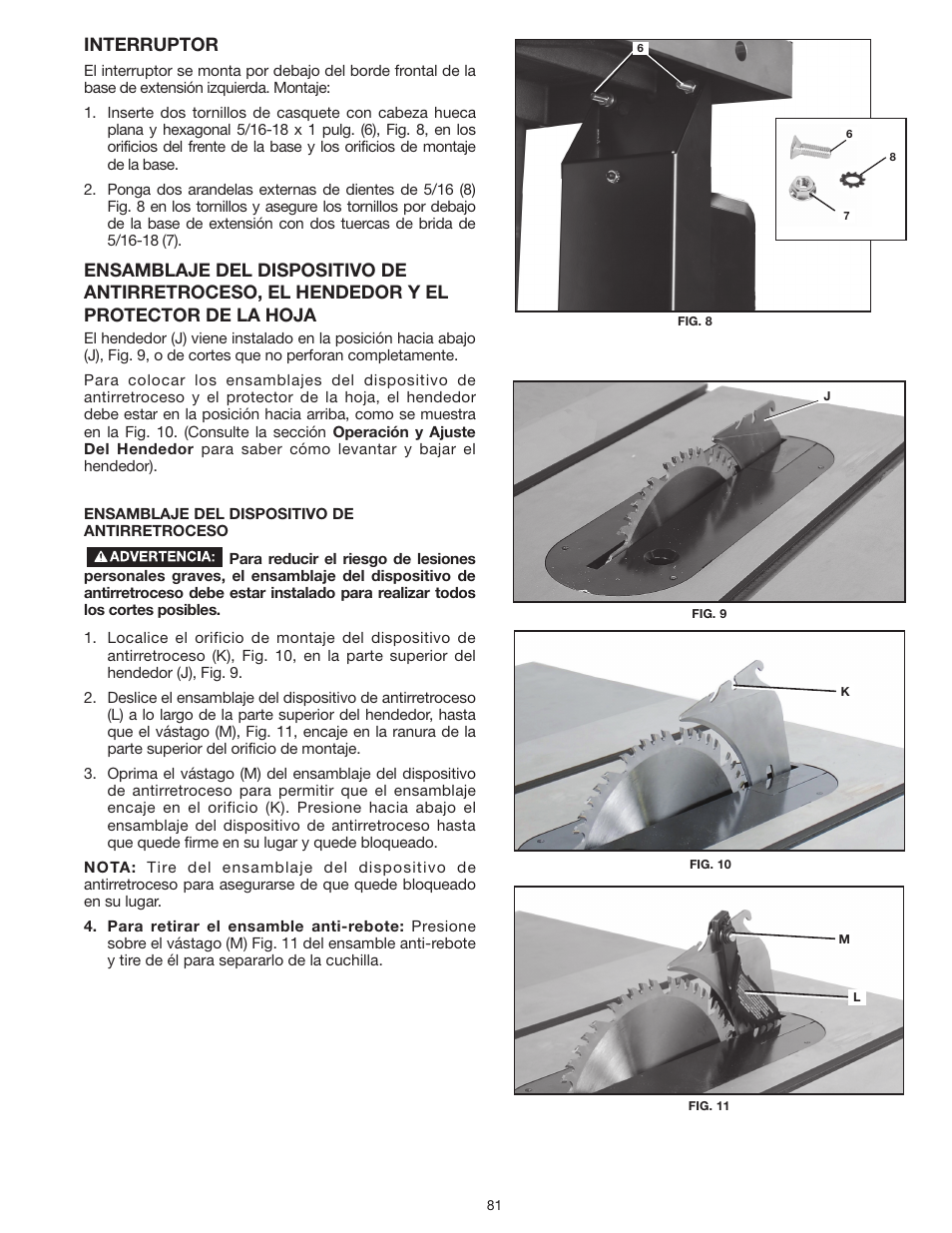 Interruptor | Delta UNISAW 36-L352 User Manual | Page 81 / 108