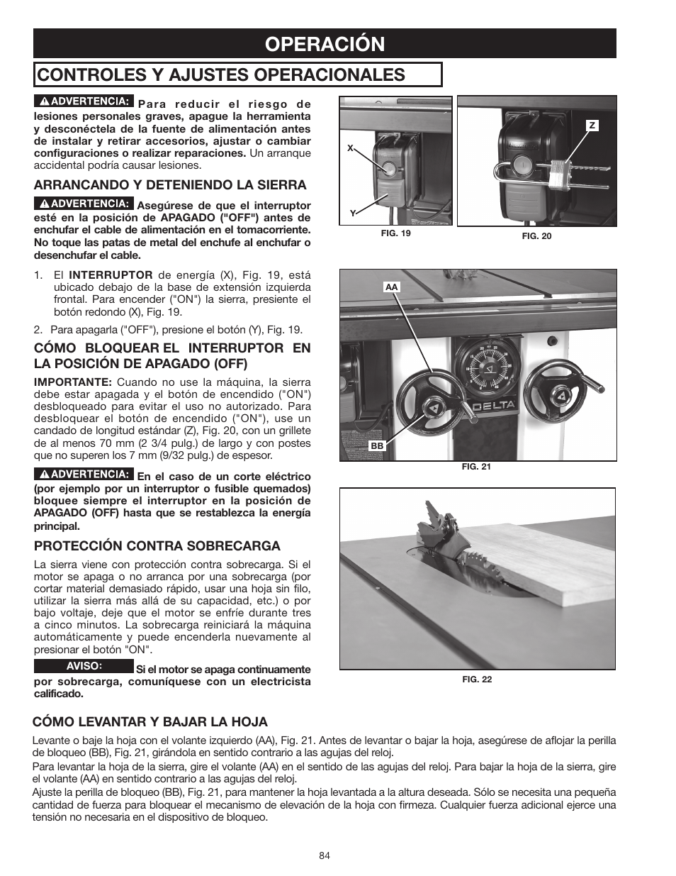 Operación, Controles y ajustes operacionales | Delta UNISAW 36-L352 User Manual | Page 84 / 108