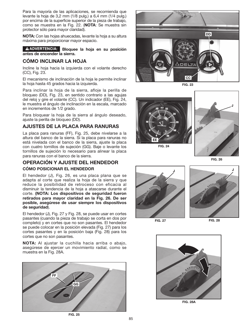 Cómo inclinar la hoja, Ajustes de la placa para ranuras, Operación y ajuste del hendedor | Delta UNISAW 36-L352 User Manual | Page 85 / 108