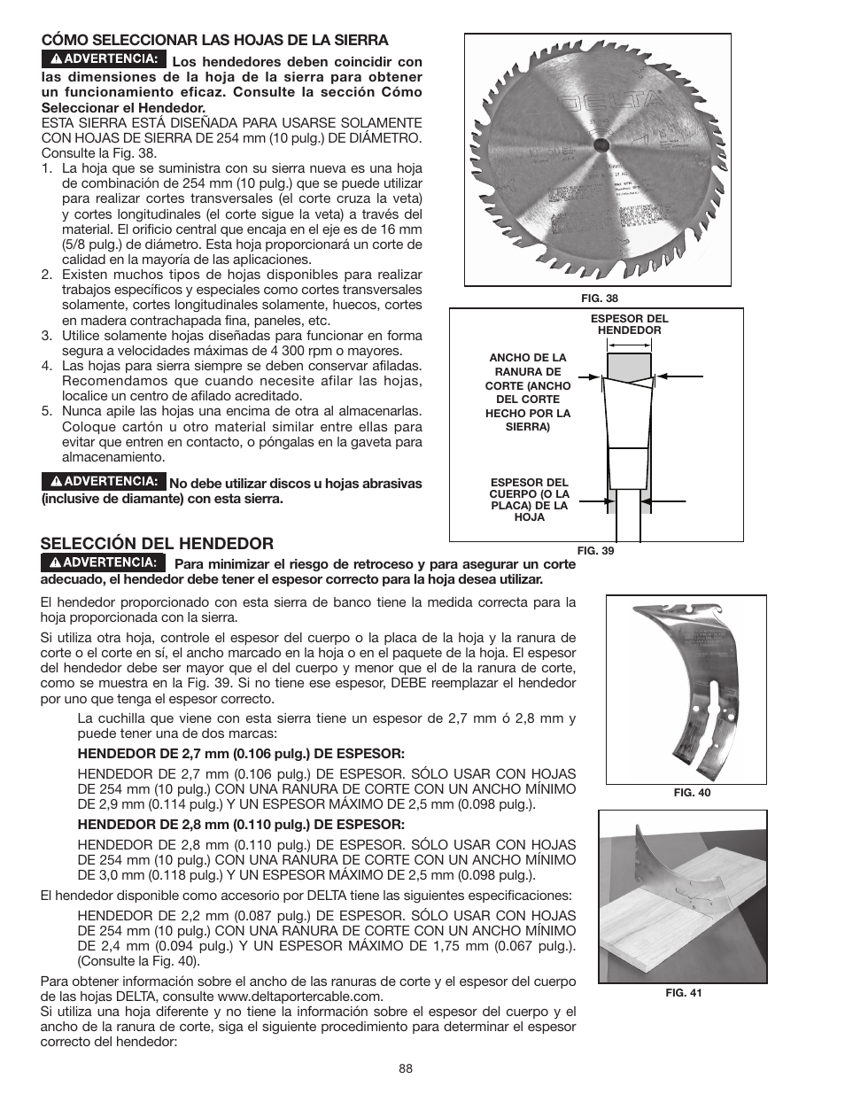 Selección del hendedor | Delta UNISAW 36-L352 User Manual | Page 88 / 108