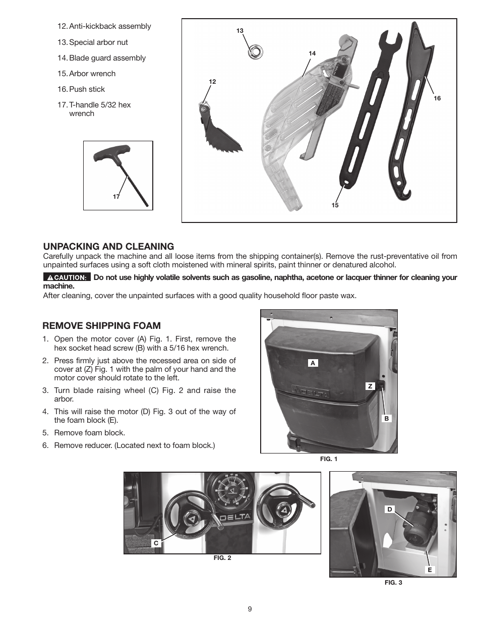 Unpacking and cleaning, Remove shipping foam | Delta UNISAW 36-L352 User Manual | Page 9 / 108