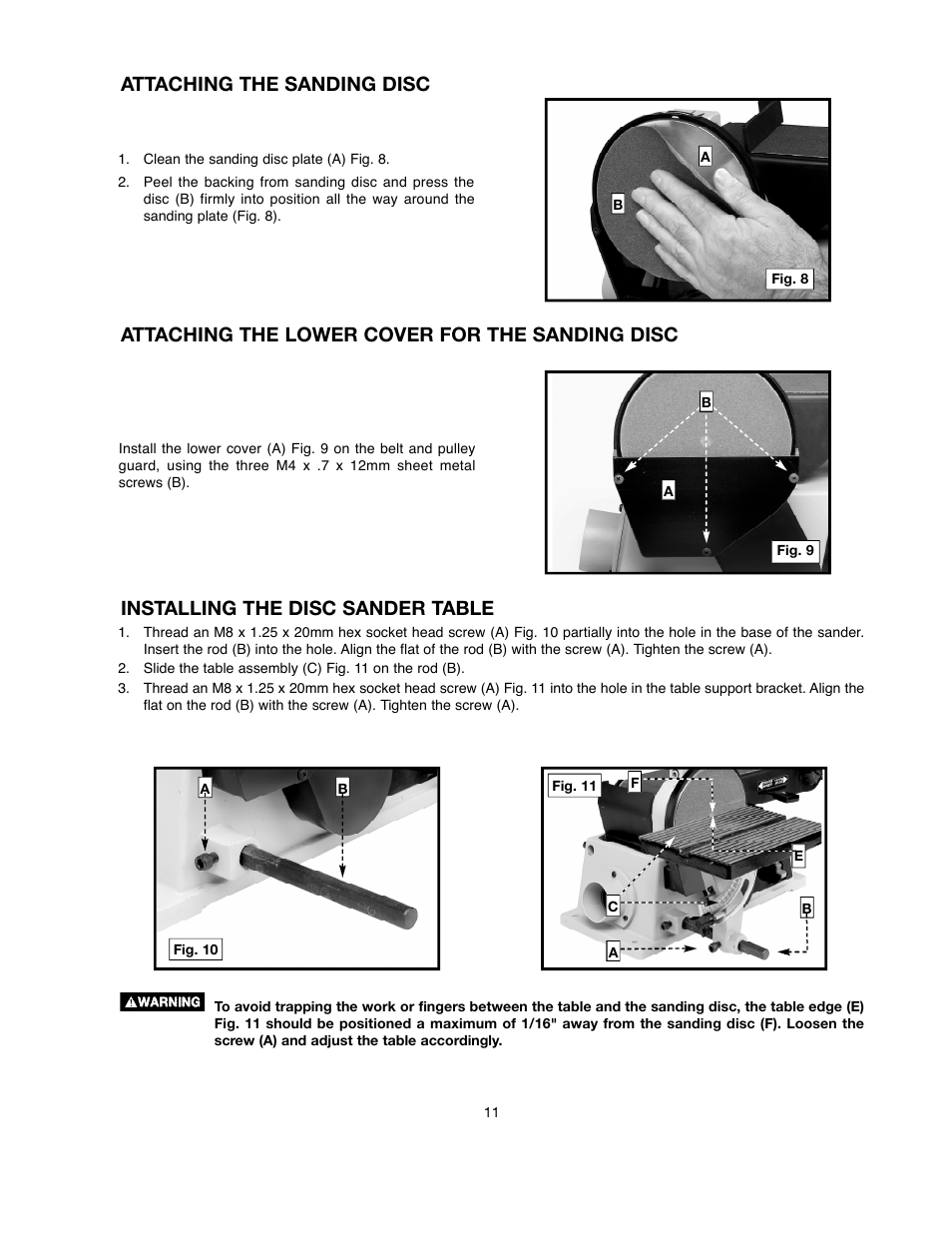 Attaching the sanding disc, Attaching the lower cover for the sanding disc, Installing the disc sander table | Delta ShopMaster SM500 User Manual | Page 11 / 68