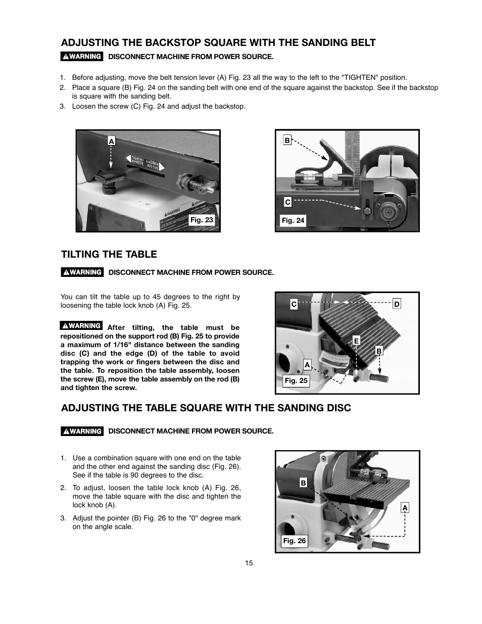 Tilting the table, Adjusting the table square with the sanding disc | Delta ShopMaster SM500 User Manual | Page 15 / 68