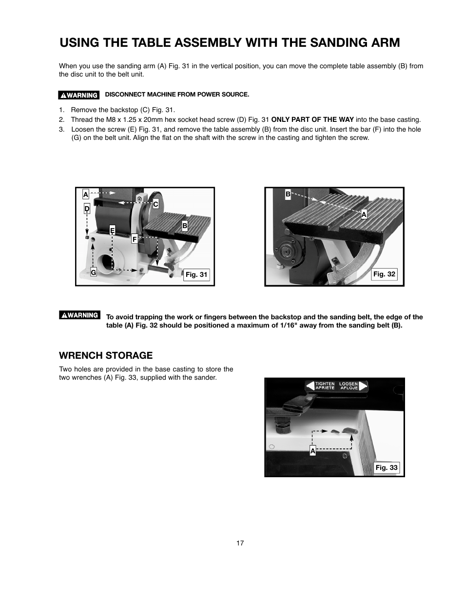 Using the table assembly with the sanding arm, Wrench storage | Delta ShopMaster SM500 User Manual | Page 17 / 68