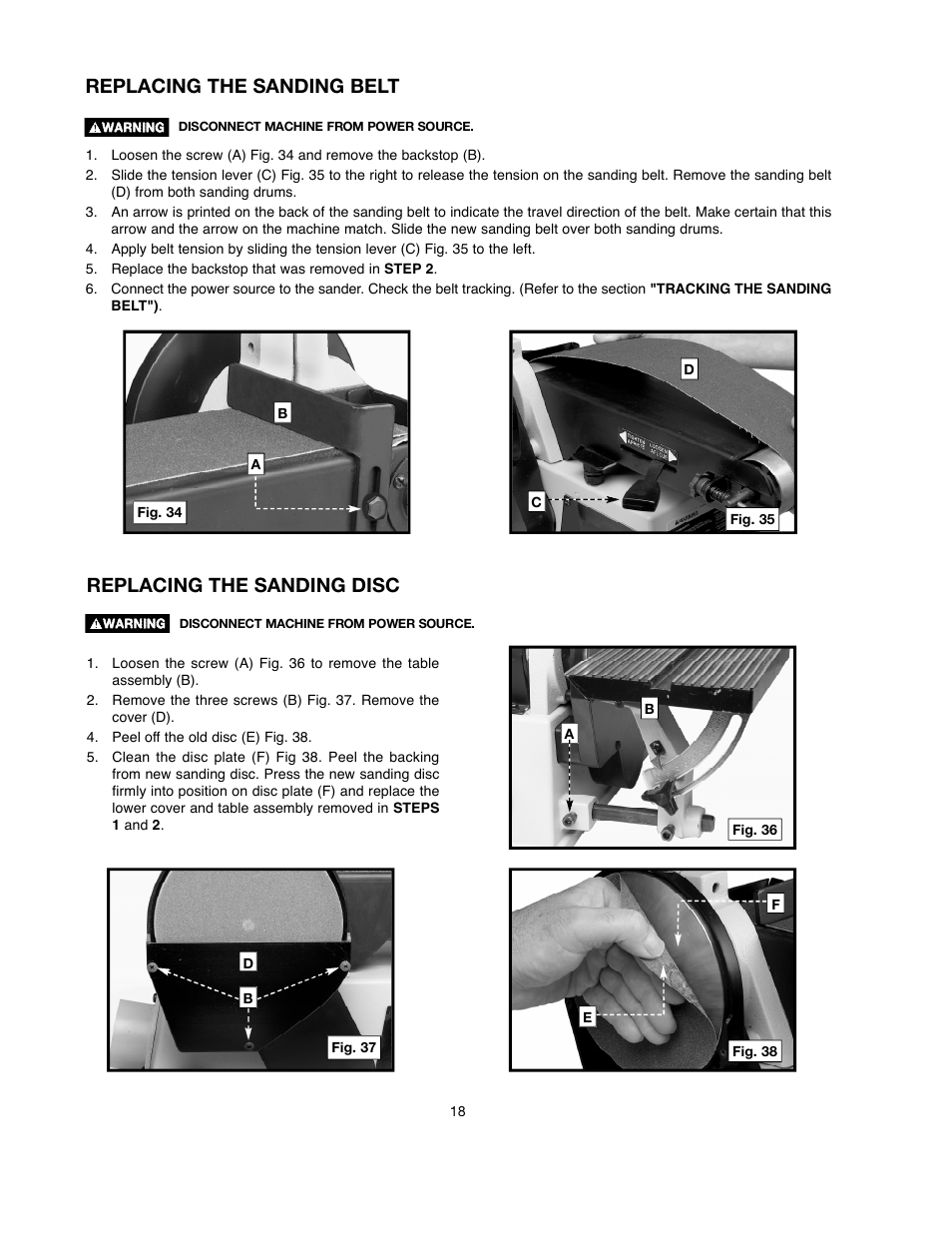 Replacing the sanding belt, Replacing the sanding disc | Delta ShopMaster SM500 User Manual | Page 18 / 68