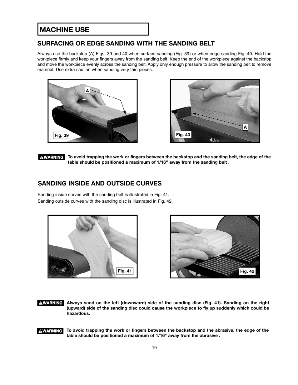 Surfacing or edge sanding with the sanding belt, Sanding inside and outside curves | Delta ShopMaster SM500 User Manual | Page 19 / 68