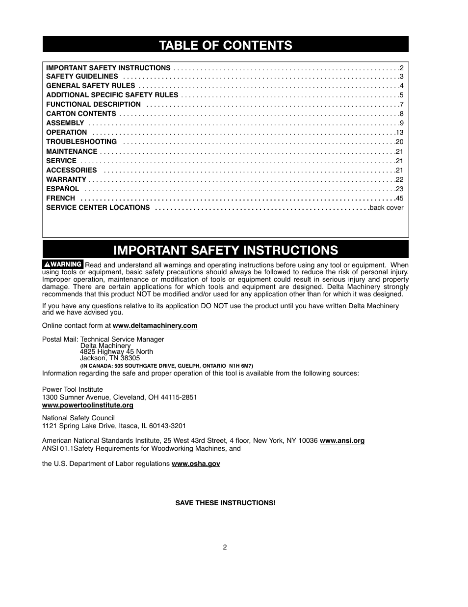 Delta ShopMaster SM500 User Manual | Page 2 / 68