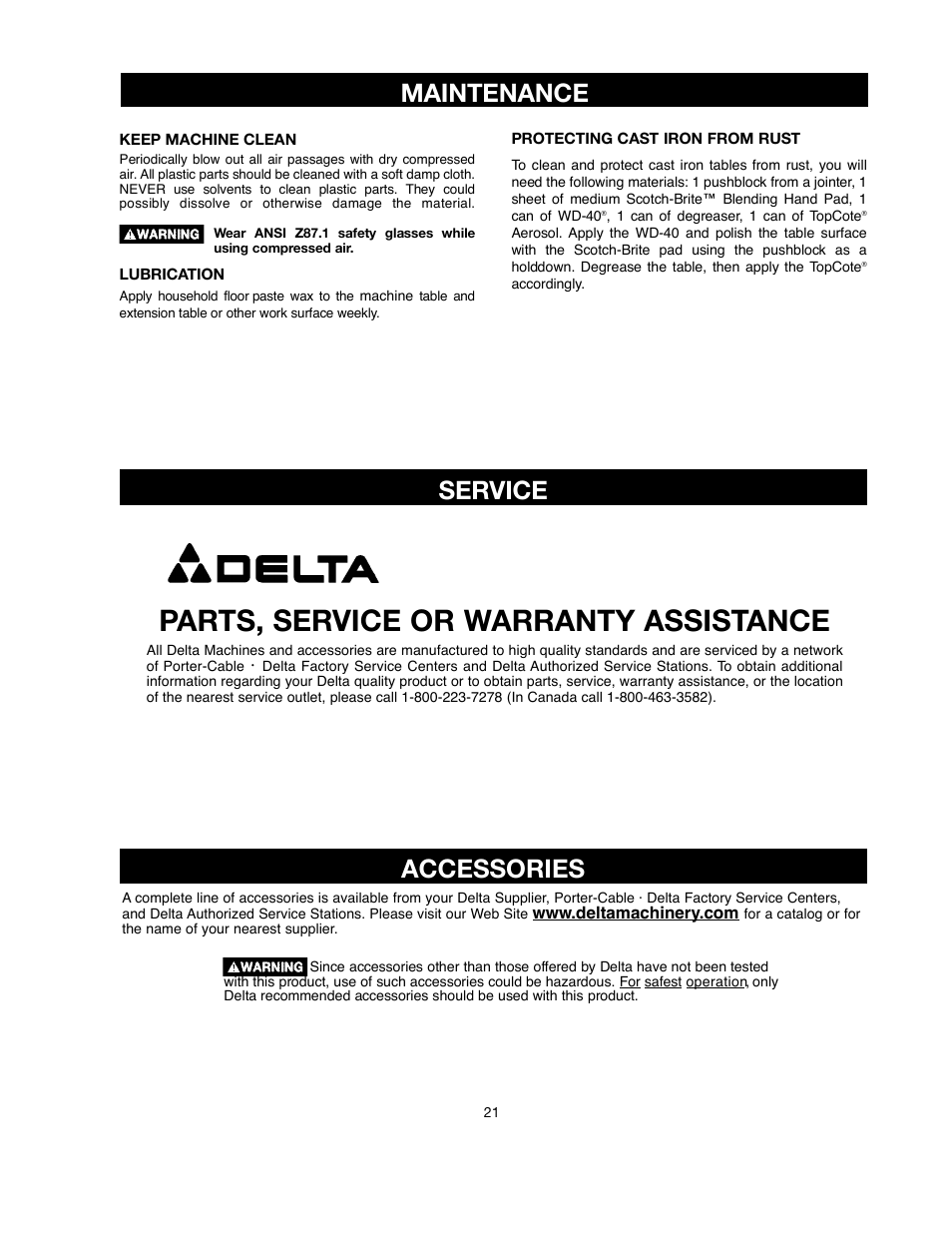 Parts, service or warranty assistance, Accessories, S e rv i c e | Delta ShopMaster SM500 User Manual | Page 21 / 68