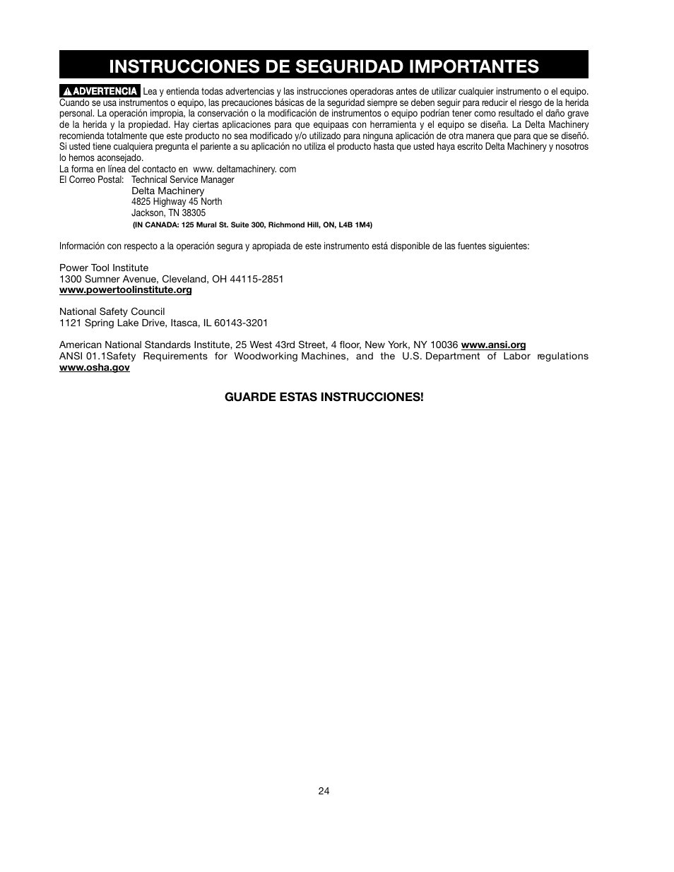 Instrucciones de seguridad importantes | Delta ShopMaster SM500 User Manual | Page 24 / 68