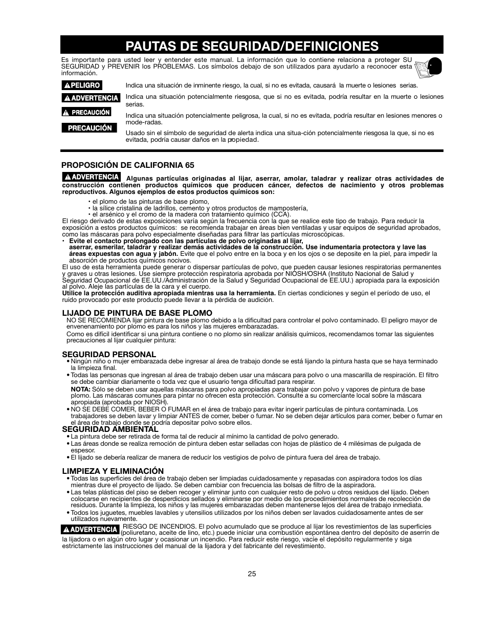 Pautas de seguridad/definiciones | Delta ShopMaster SM500 User Manual | Page 25 / 68