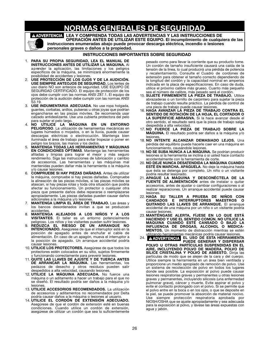 Normas generales de seguridad | Delta ShopMaster SM500 User Manual | Page 26 / 68