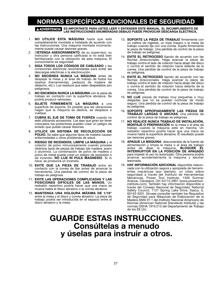 Normas específicas adicionales de seguridad | Delta ShopMaster SM500 User Manual | Page 27 / 68