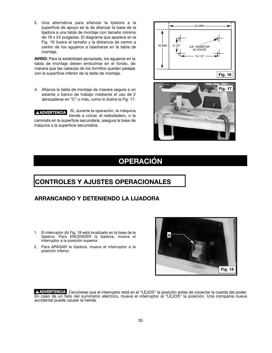 Controles y ajustes operacionales, Arrancando y deteniendo la lijadora | Delta ShopMaster SM500 User Manual | Page 35 / 68