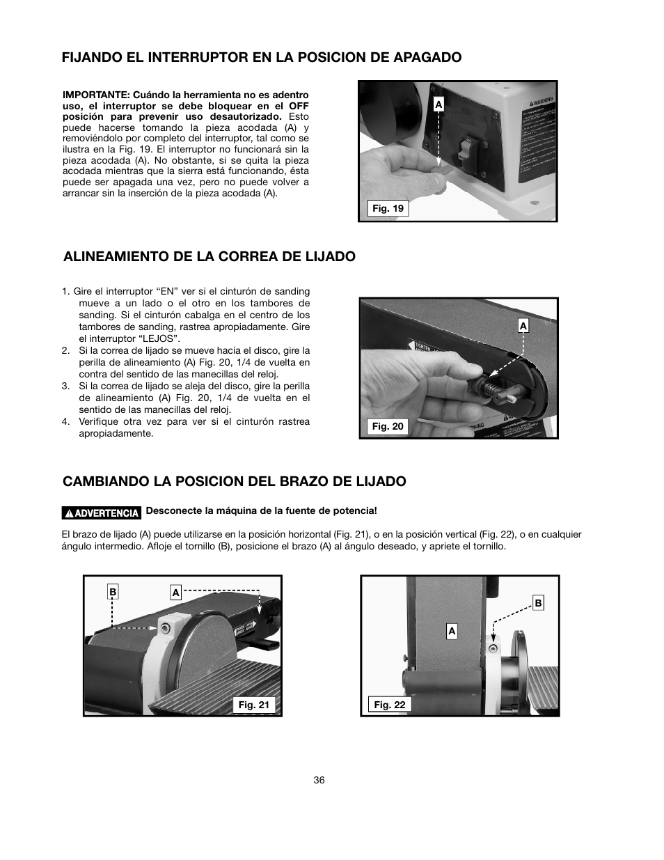 Fijando el interruptor en la posicion de apagado | Delta ShopMaster SM500 User Manual | Page 36 / 68