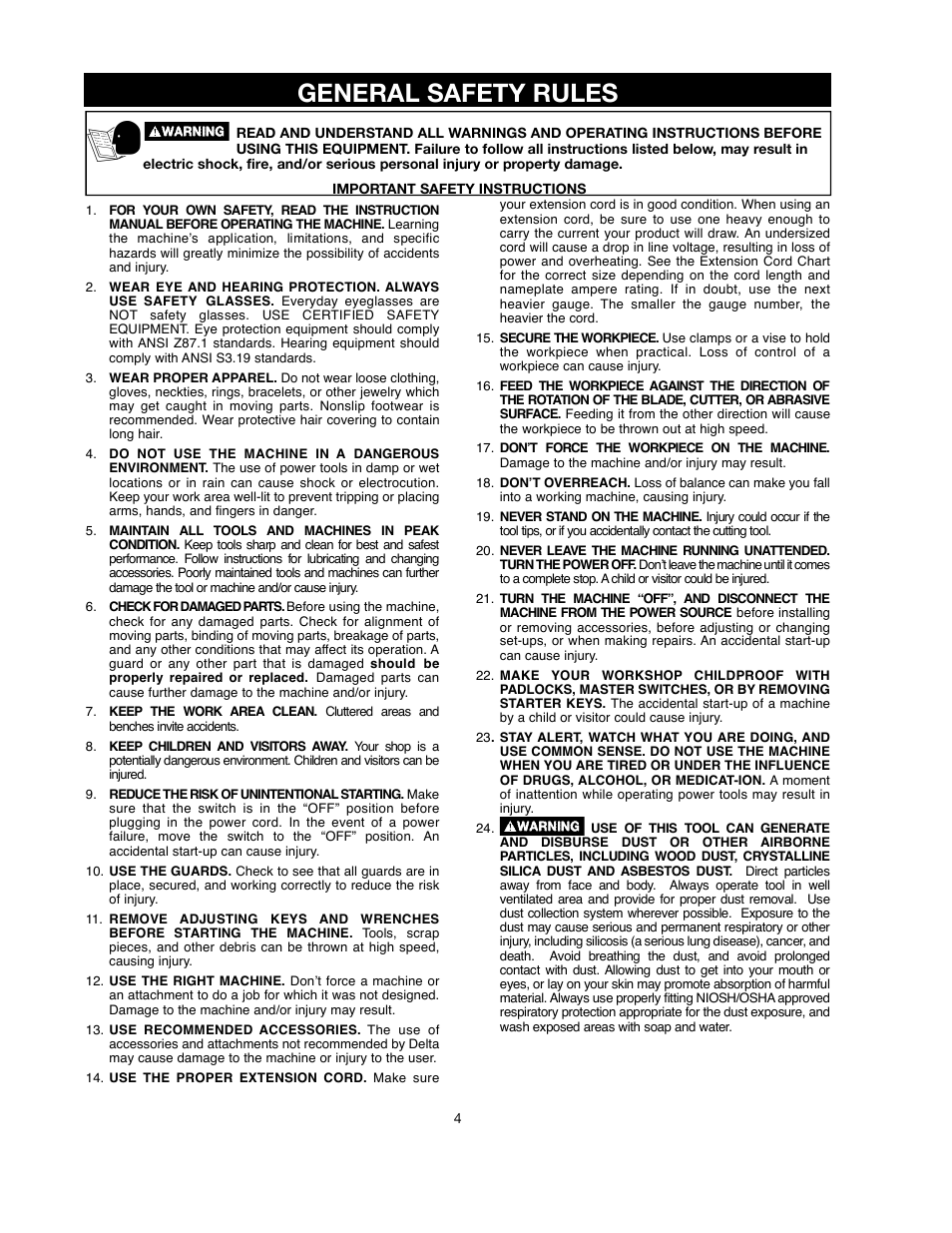 General safety rules | Delta ShopMaster SM500 User Manual | Page 4 / 68