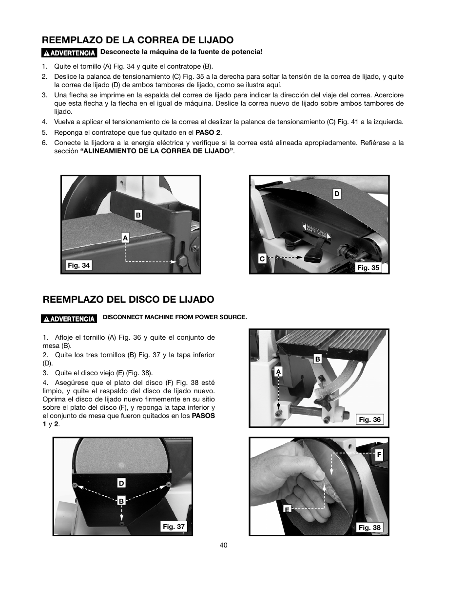 Reemplazo de la correa de lijado, Reemplazo del disco de lijado | Delta ShopMaster SM500 User Manual | Page 40 / 68