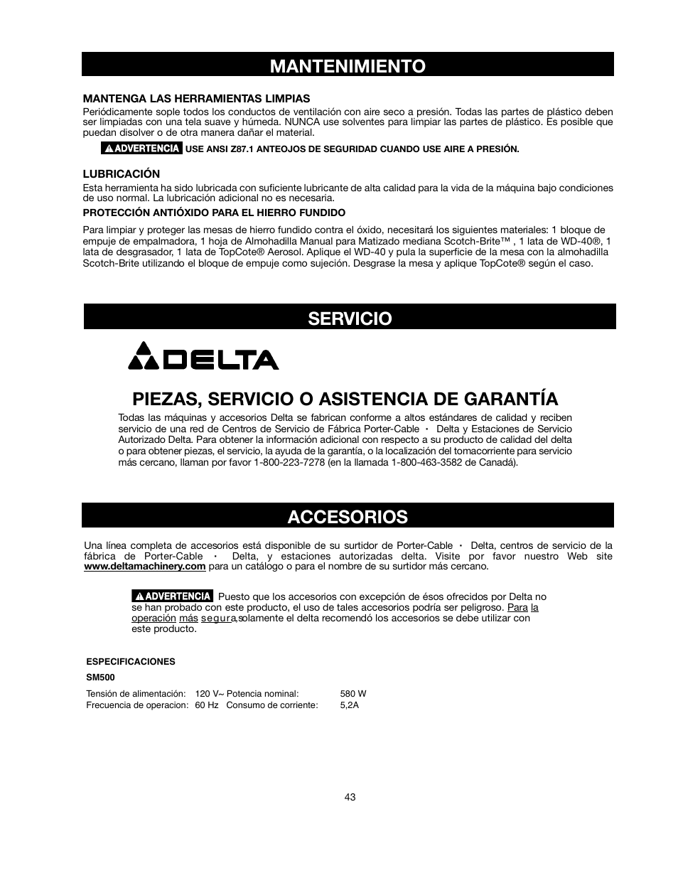 Delta ShopMaster SM500 User Manual | Page 43 / 68