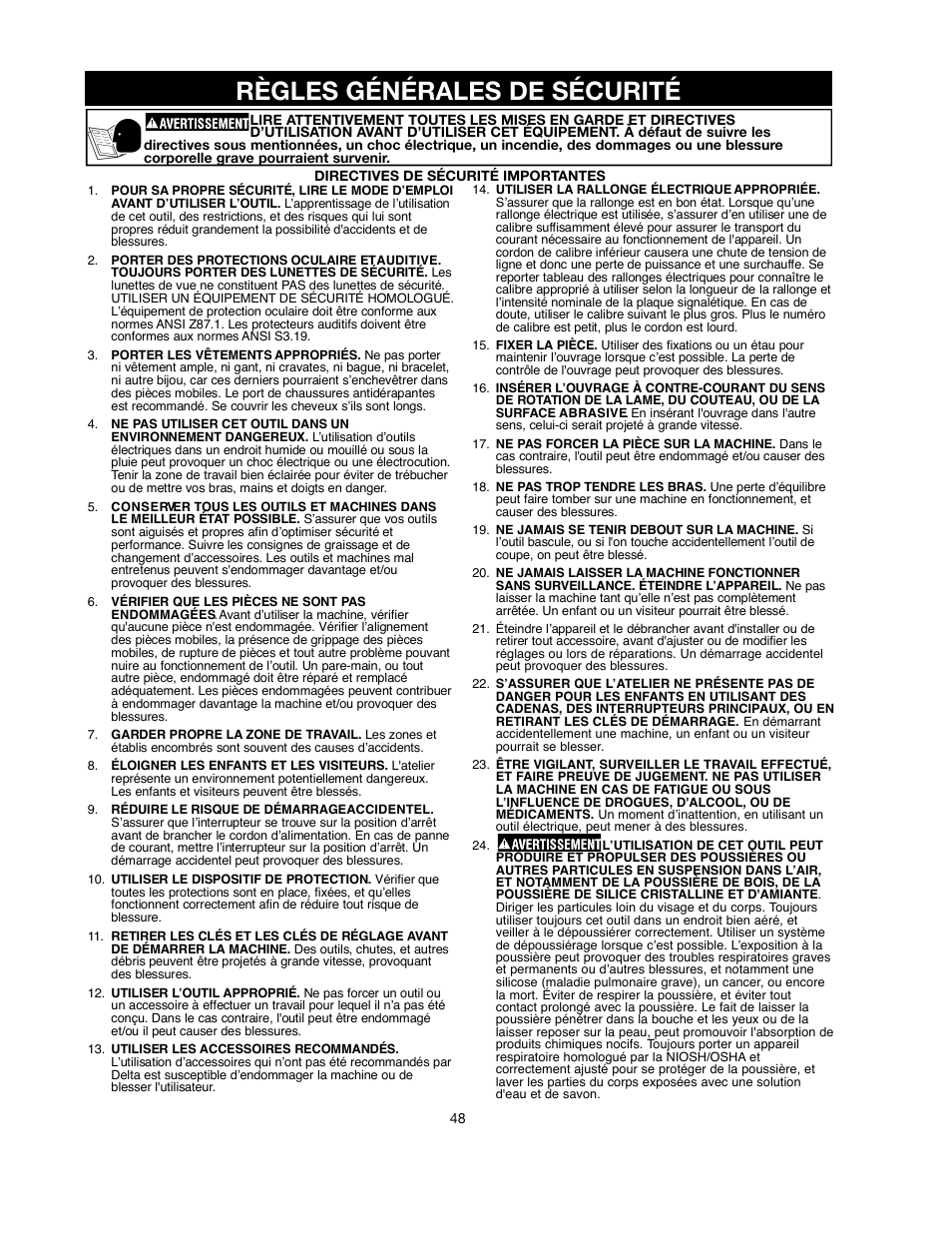 Règles générales de sécurité | Delta ShopMaster SM500 User Manual | Page 48 / 68