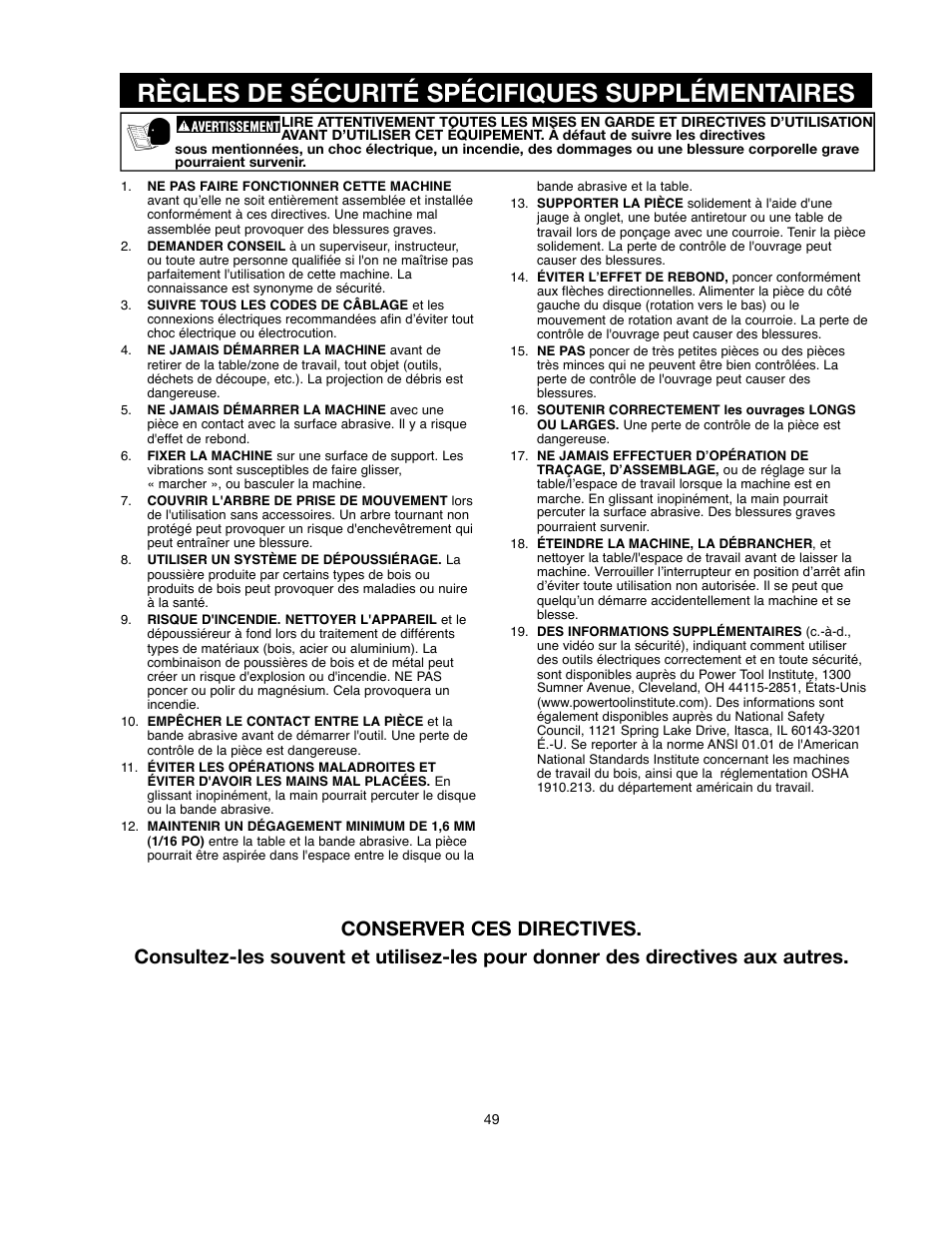 Règles de sécurité spécifiques supplémentaires | Delta ShopMaster SM500 User Manual | Page 49 / 68