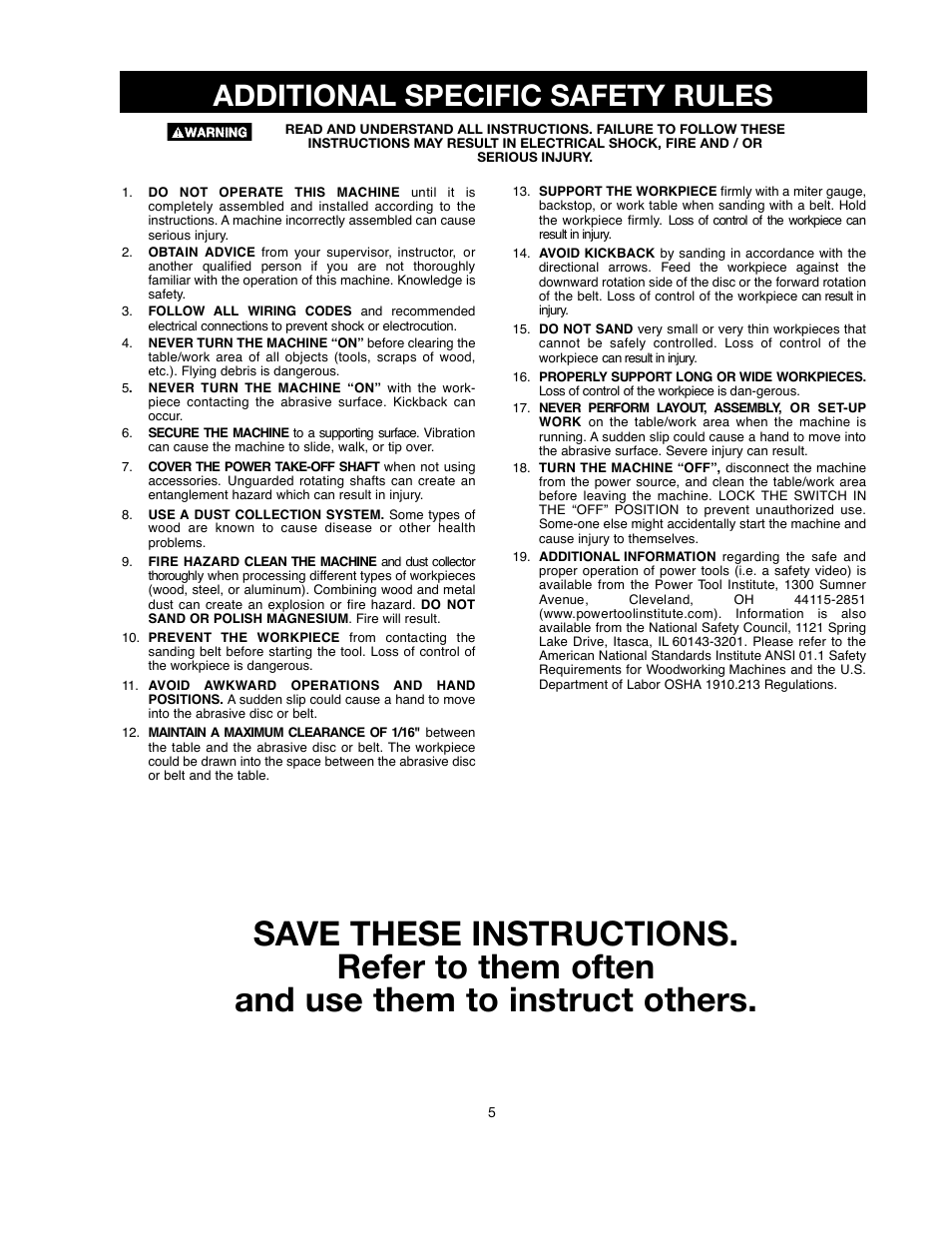 Additional specific safety rules | Delta ShopMaster SM500 User Manual | Page 5 / 68