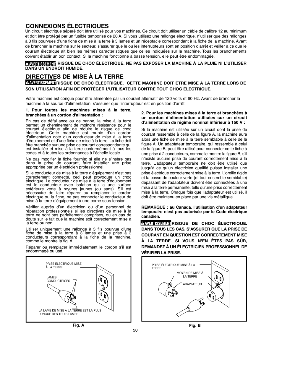 Connexions électriques, Directives de mise à la terre | Delta ShopMaster SM500 User Manual | Page 50 / 68