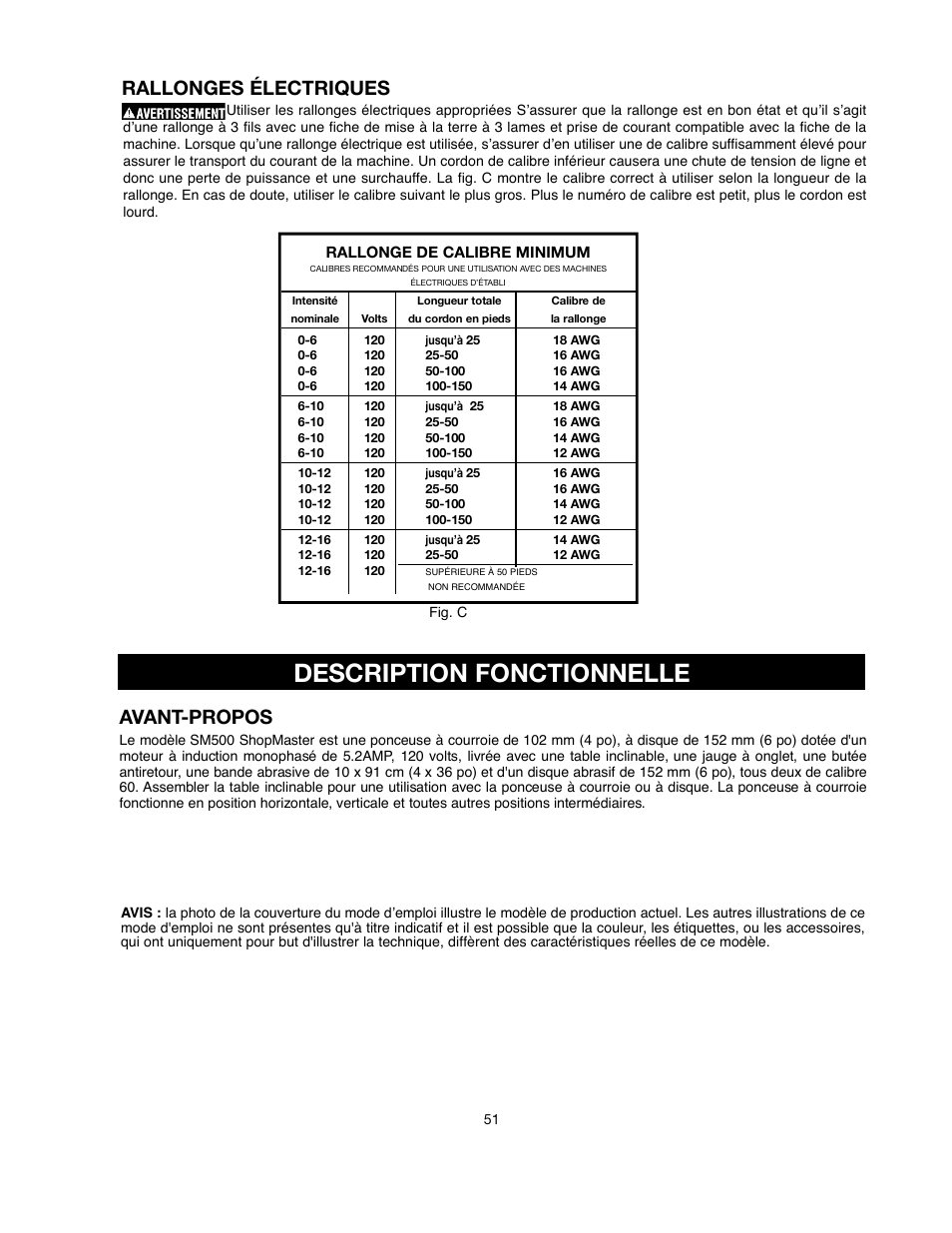 Description fonctionnelle, Rallonges électriques | Delta ShopMaster SM500 User Manual | Page 51 / 68