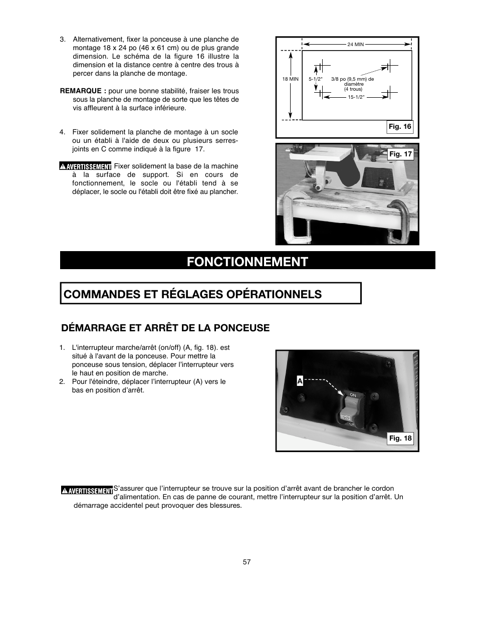 Démarrage et arrêt de la ponceuse | Delta ShopMaster SM500 User Manual | Page 57 / 68
